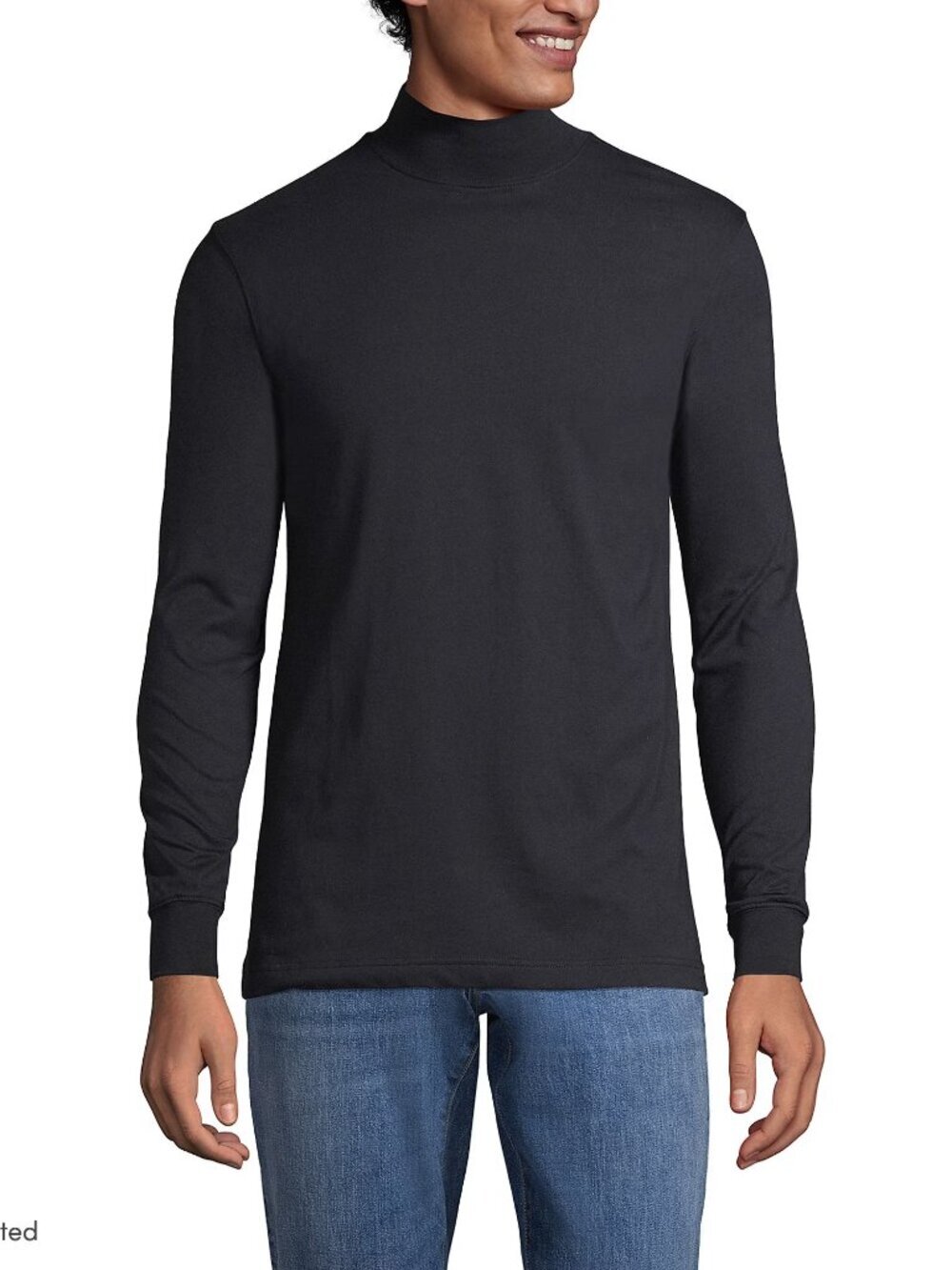 2/$30 Lands' End Super-T Mock Neck Jersey Tee Long Sleeve Black Large #A2967